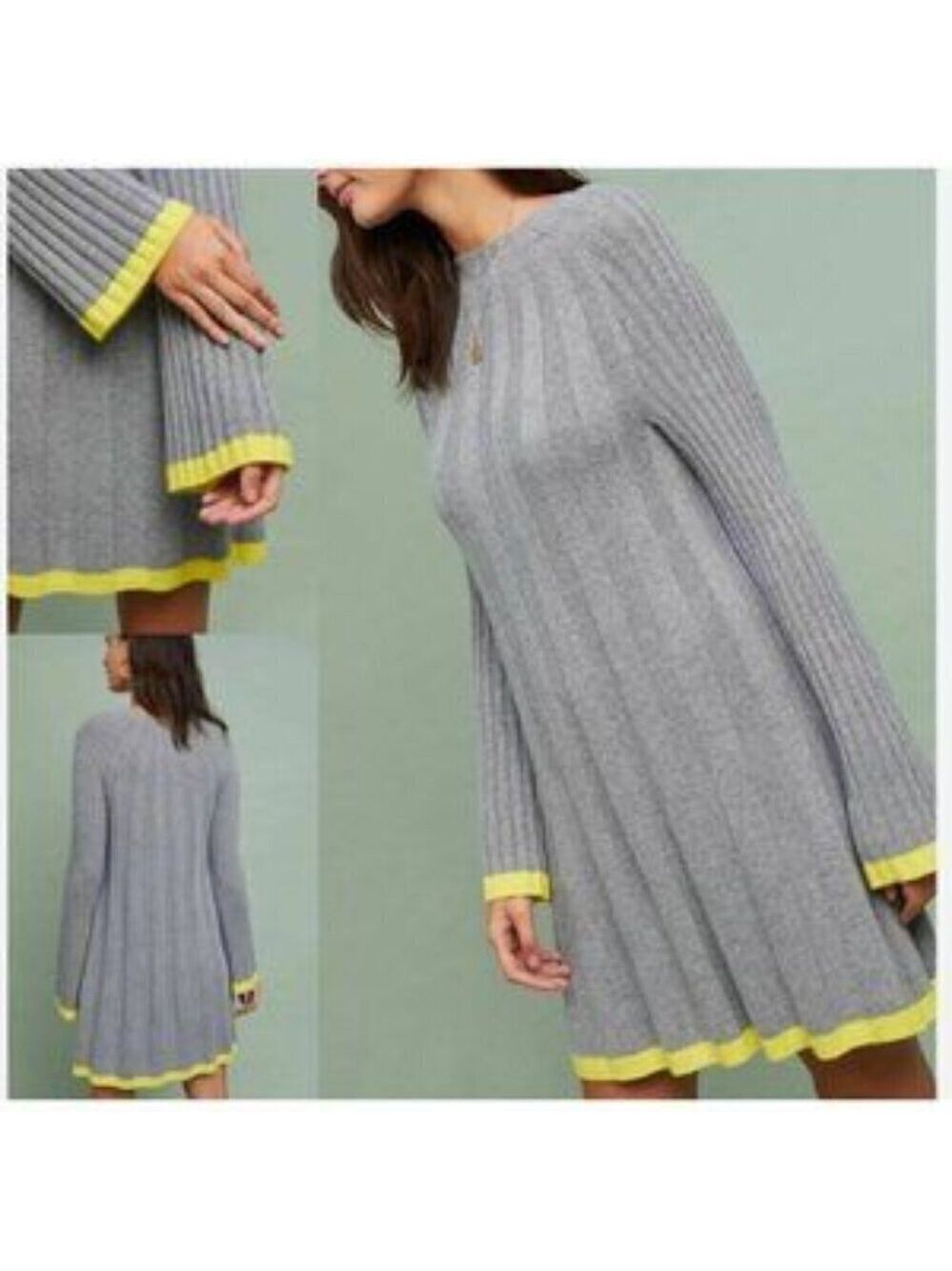 Anthropologie Arseneau Gray & Yellow Ribbed Sweater Dress Wool Alpaca Blend (M)